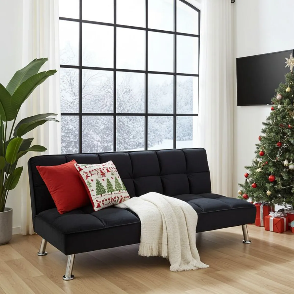 Perfect Christmas Deal! Black Folding 3 Seater Fabric Sofa Bed - Image 1