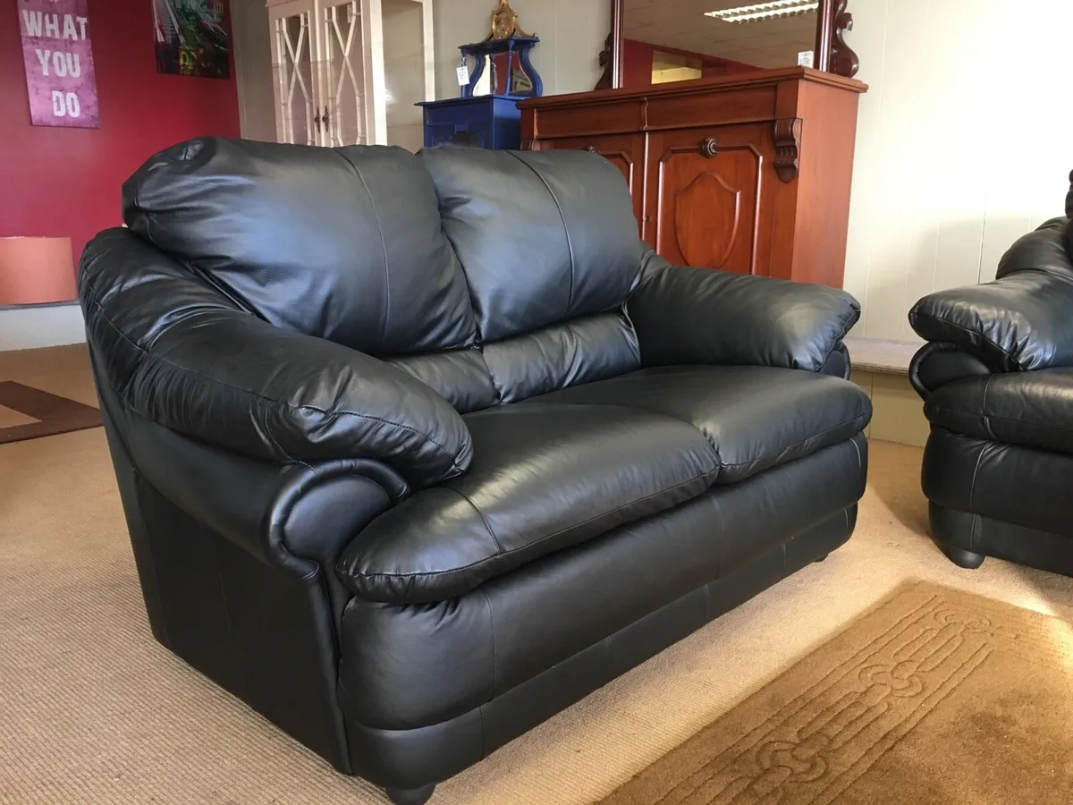 3+2 Black Leather Sofas - Image 2