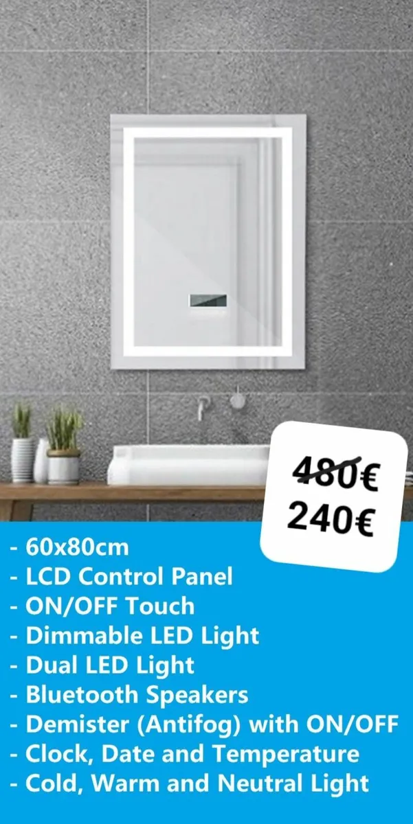 LED Bathroom Mirror Ensuite Bluetooth Antifog - Image 1