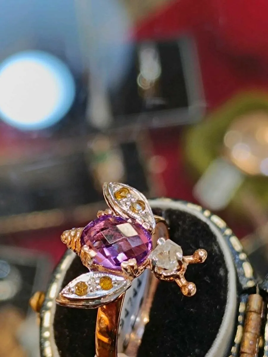 Amethyst & Diamond, 9k Rose Gold Bee Ring - Image 1