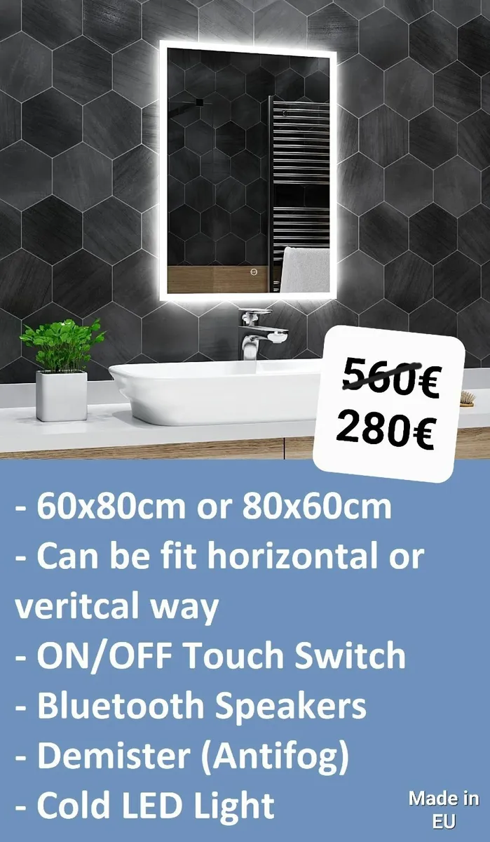 LED Bathroom Mirror Blueroorh Speakers Antifog - Image 1