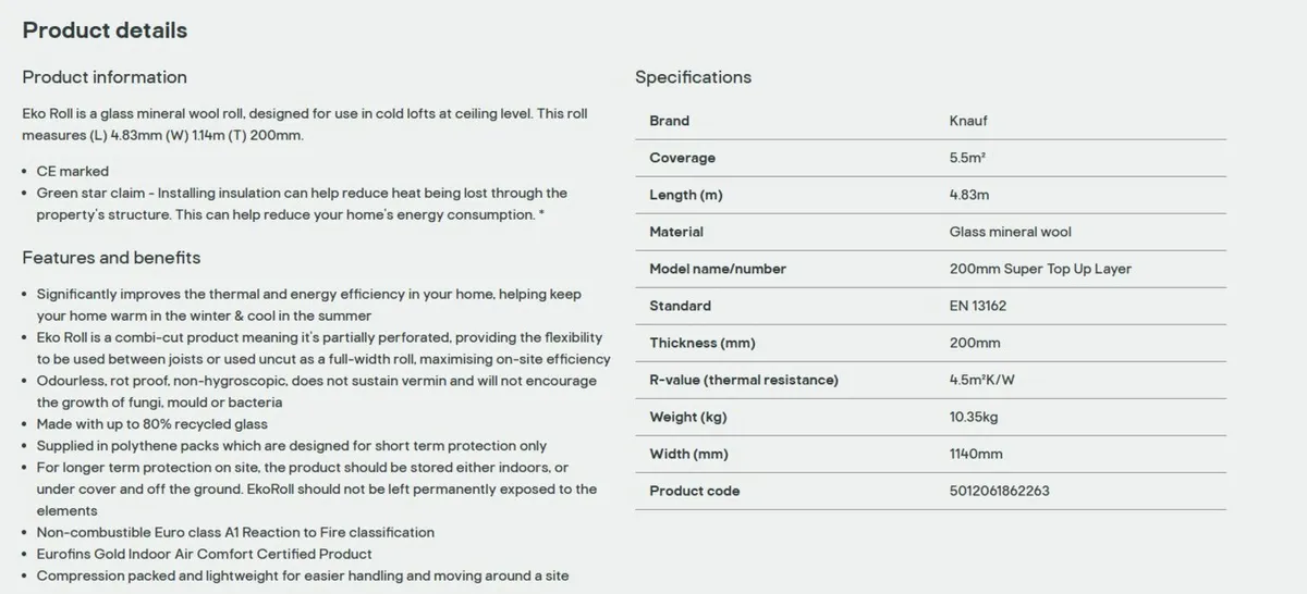 Knauf Eko Roll Loft Insulation 200mm - Image 2