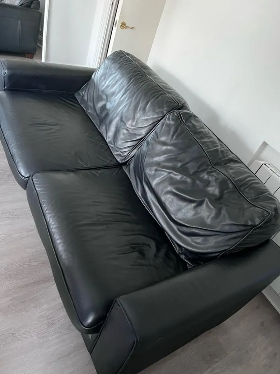 3 Seater Black Leather Couch with accompanying arm black leather arm charm. - Image 1