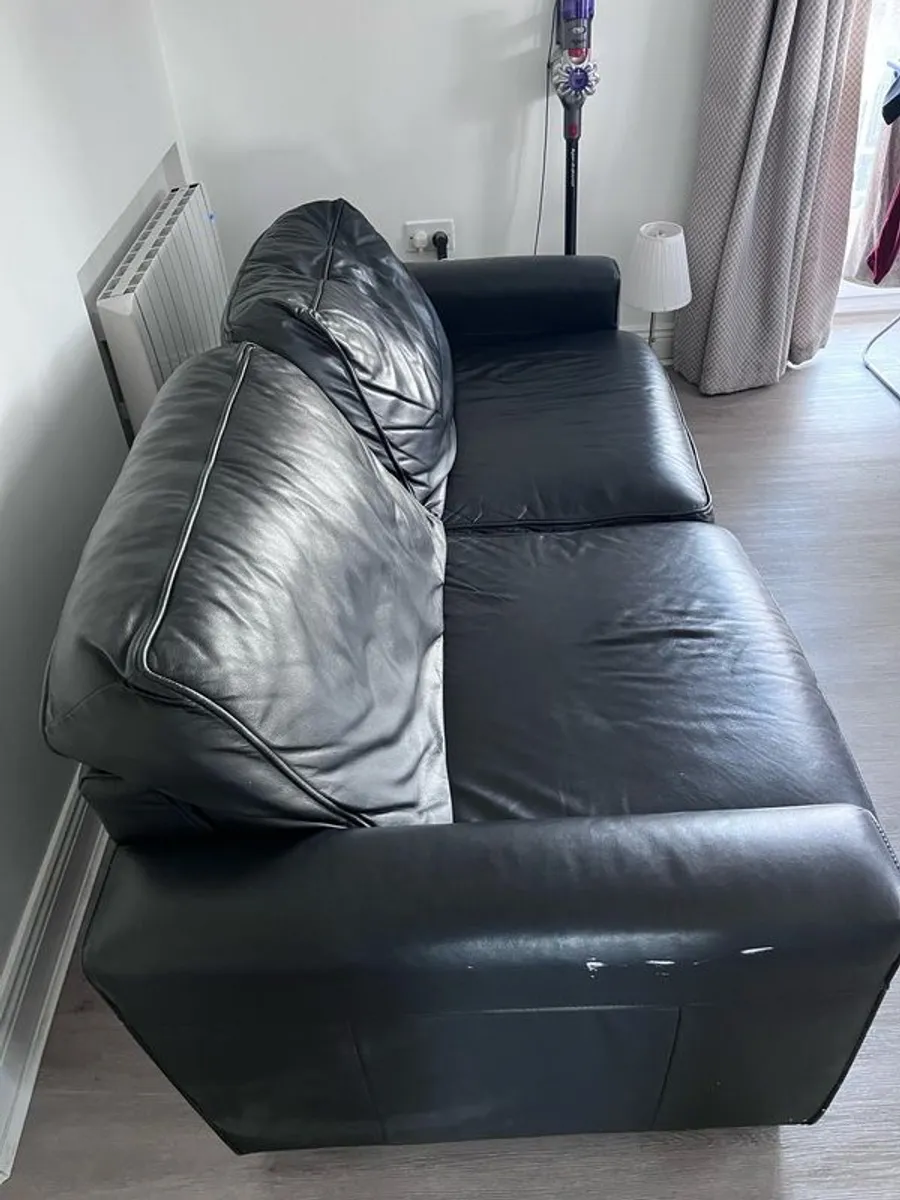 3 Seater Black Leather Couch with accompanying arm black leather arm charm. - Image 2