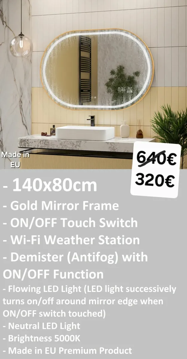 LED Bathroom Mirror Gold Frame Defogger