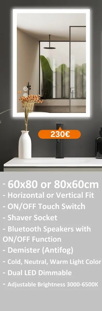 LED Bathroom Mirror Shaver Socket Speakers - Image 1