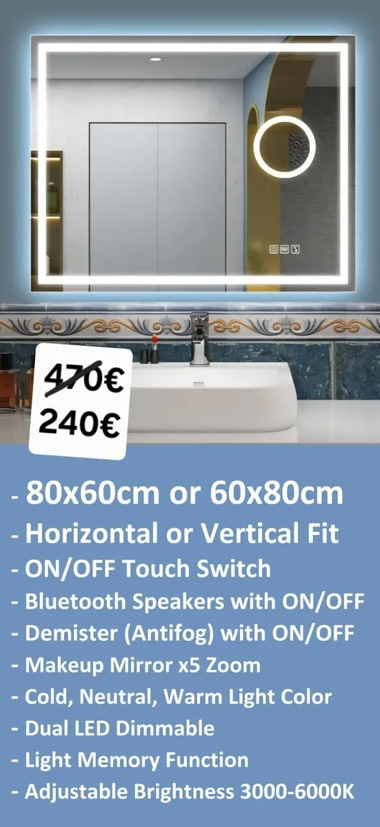LED Bathroom Mirror Speakers Antifog Demister - Image 1