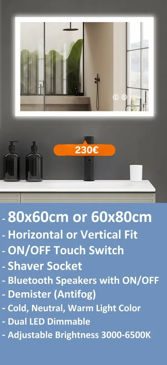 LED Bathroom Mirror 60x80cm Antifog Speakers - Image 1
