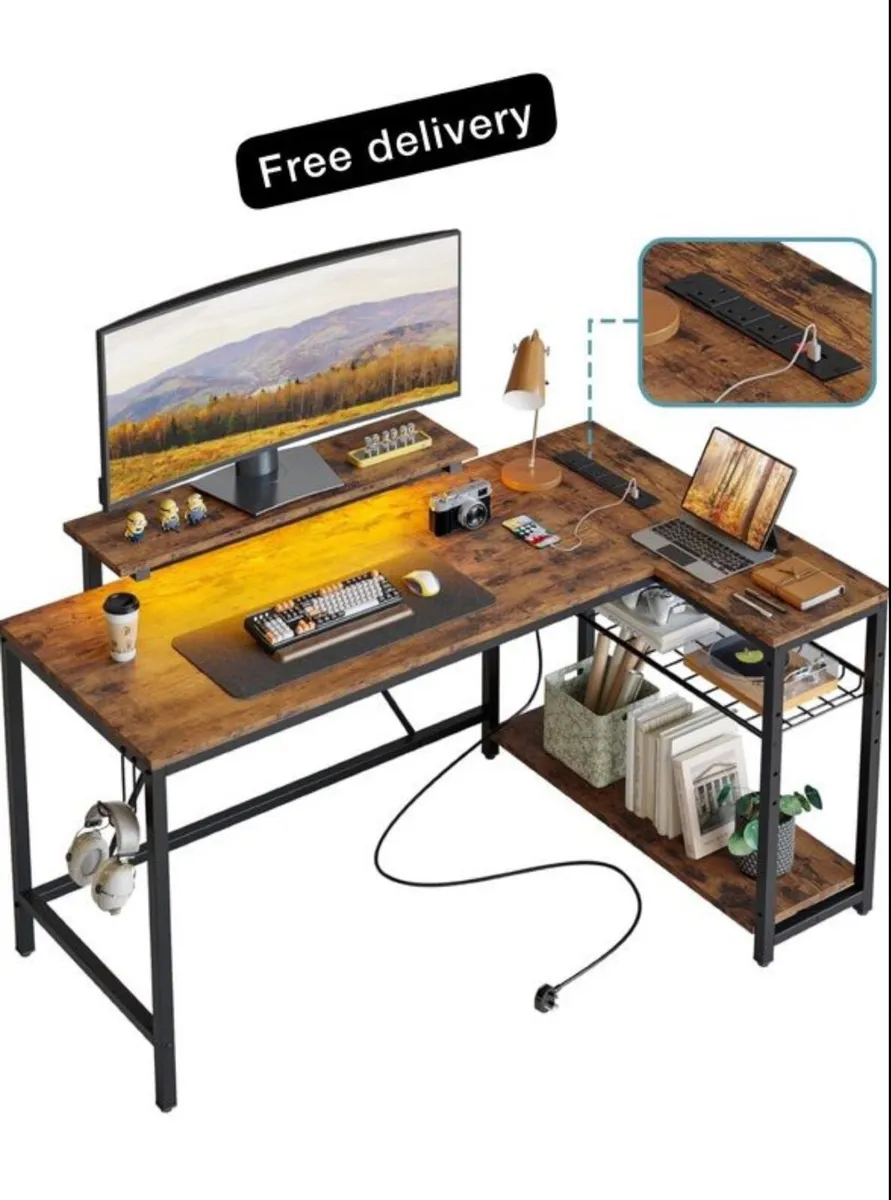 132.5CM L-Shaped Desk with 3 Power Outlets & 2