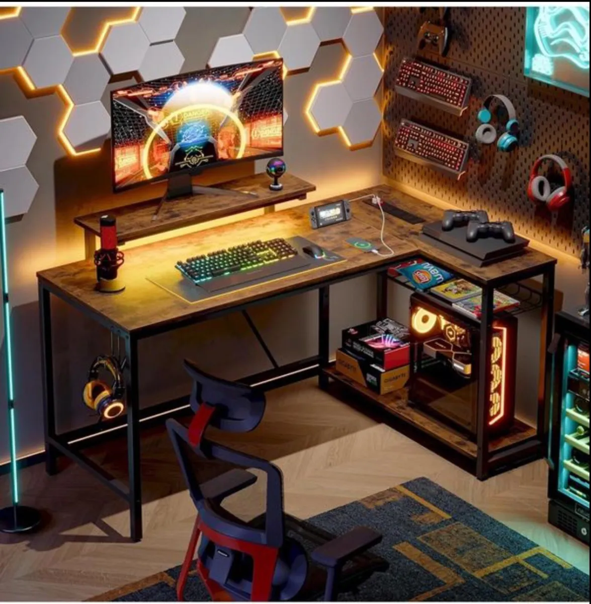 132.5CM L-Shaped Desk with 3 Power Outlets & 2 - Image 1