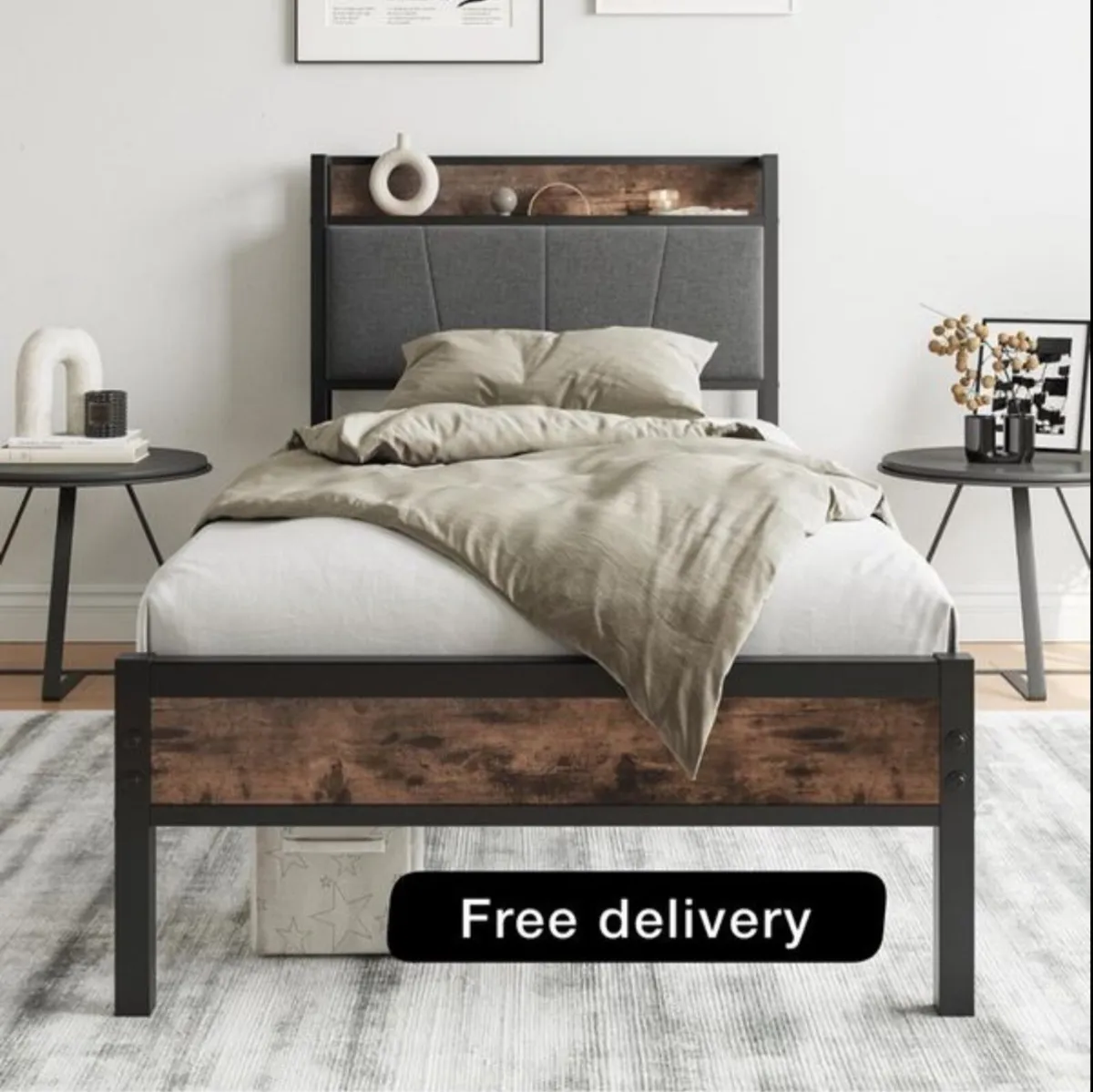 Single Bed Frame with Storage Headboard