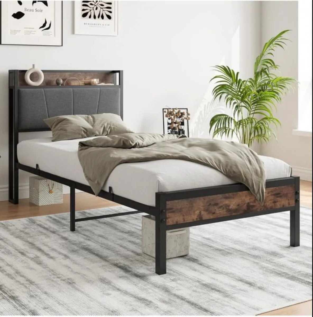 Single Bed Frame with Storage Headboard