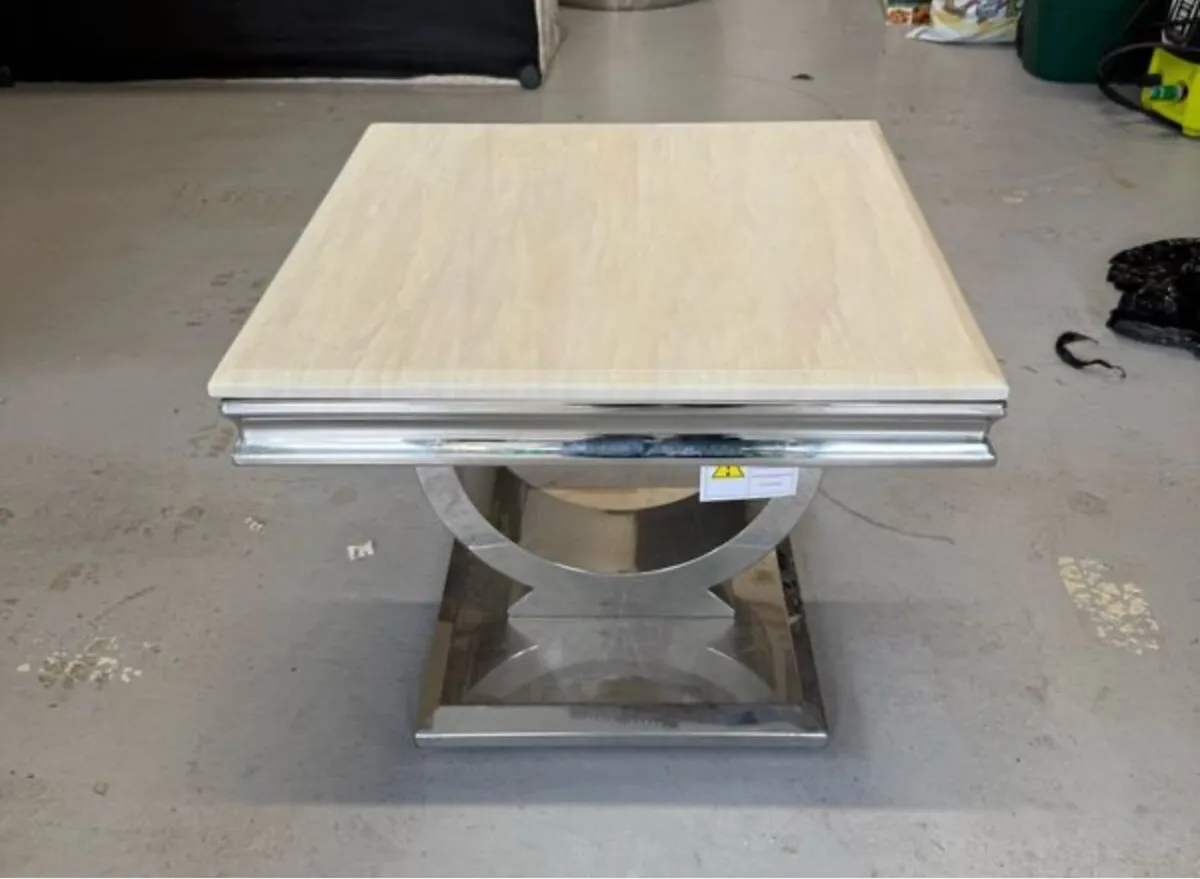 Solid Marble Coffee Table - Cream and Chrome - Image 2