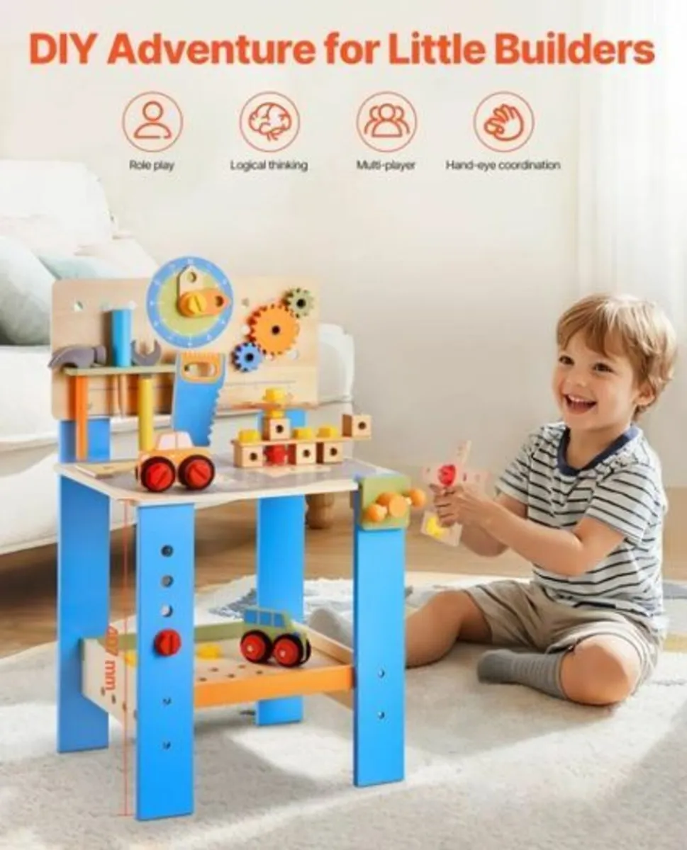 Wooden Kids Workbench Toy with 62 Accessories Role - Image 2