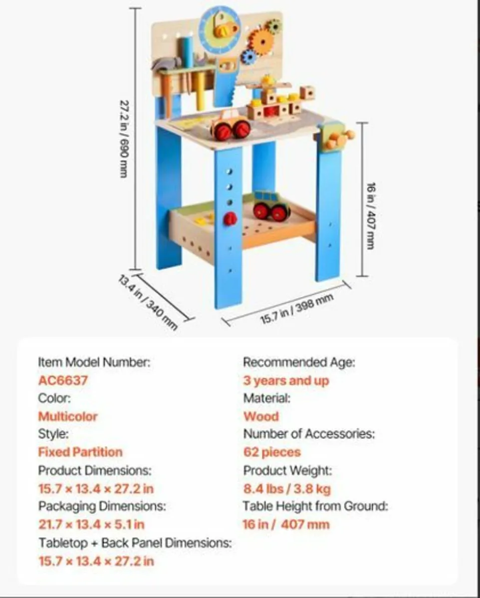 Wooden Kids Workbench Toy with 62 Accessories Role - Image 3