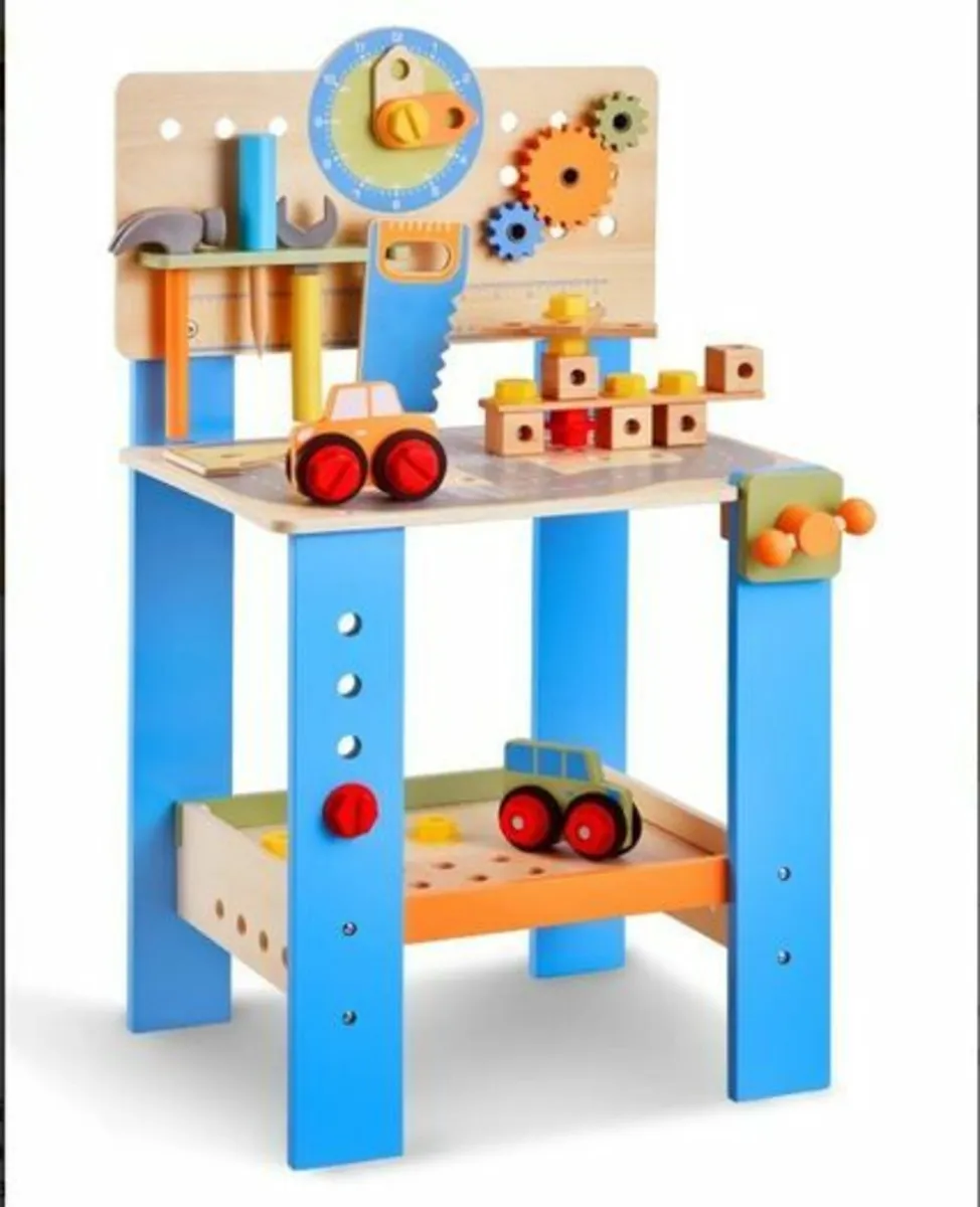 Wooden Kids Workbench Toy with 62 Accessories Role - Image 1