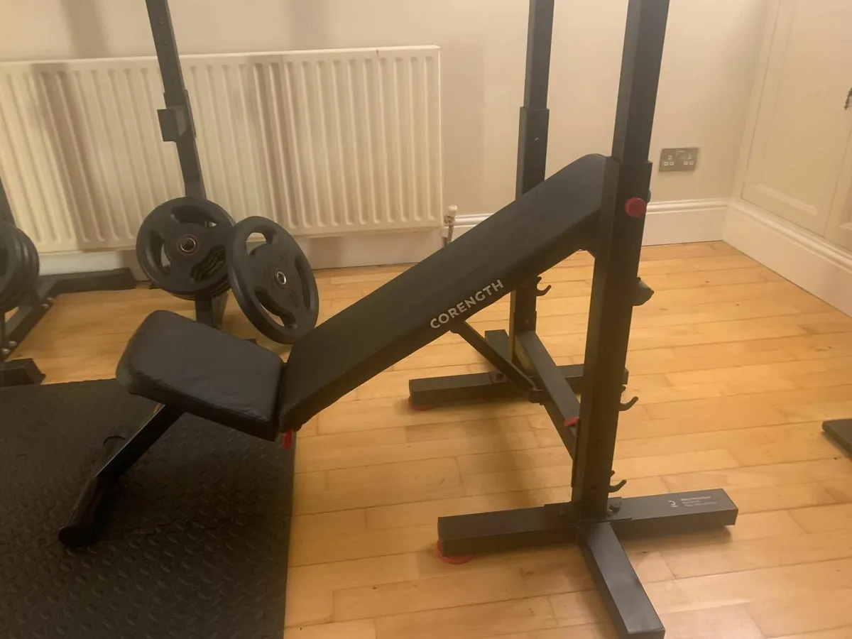 Squat rack, weights, bar, dumbbells - Image 1