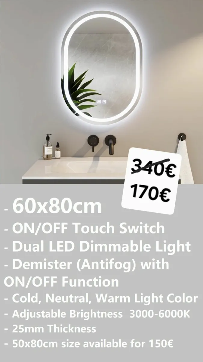 LED Bathroom Mirror Antifog Oval 60x80cm Tricolor - Image 2