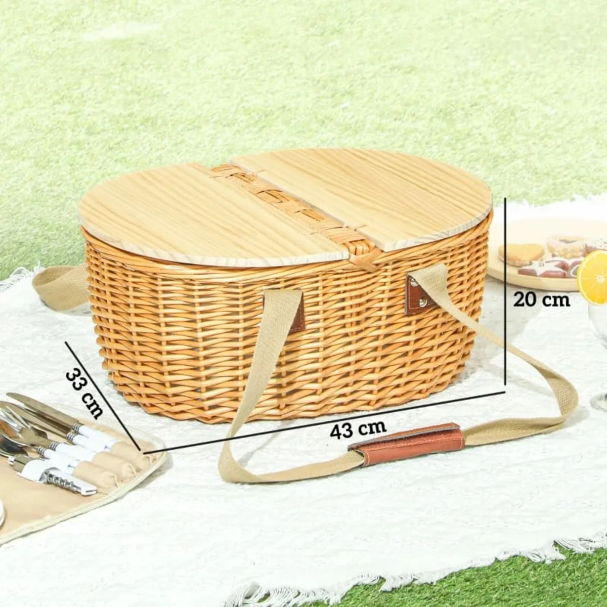 Wicker Picnic Basket for 2 with Pine Wood Lid, Pic - Image 3