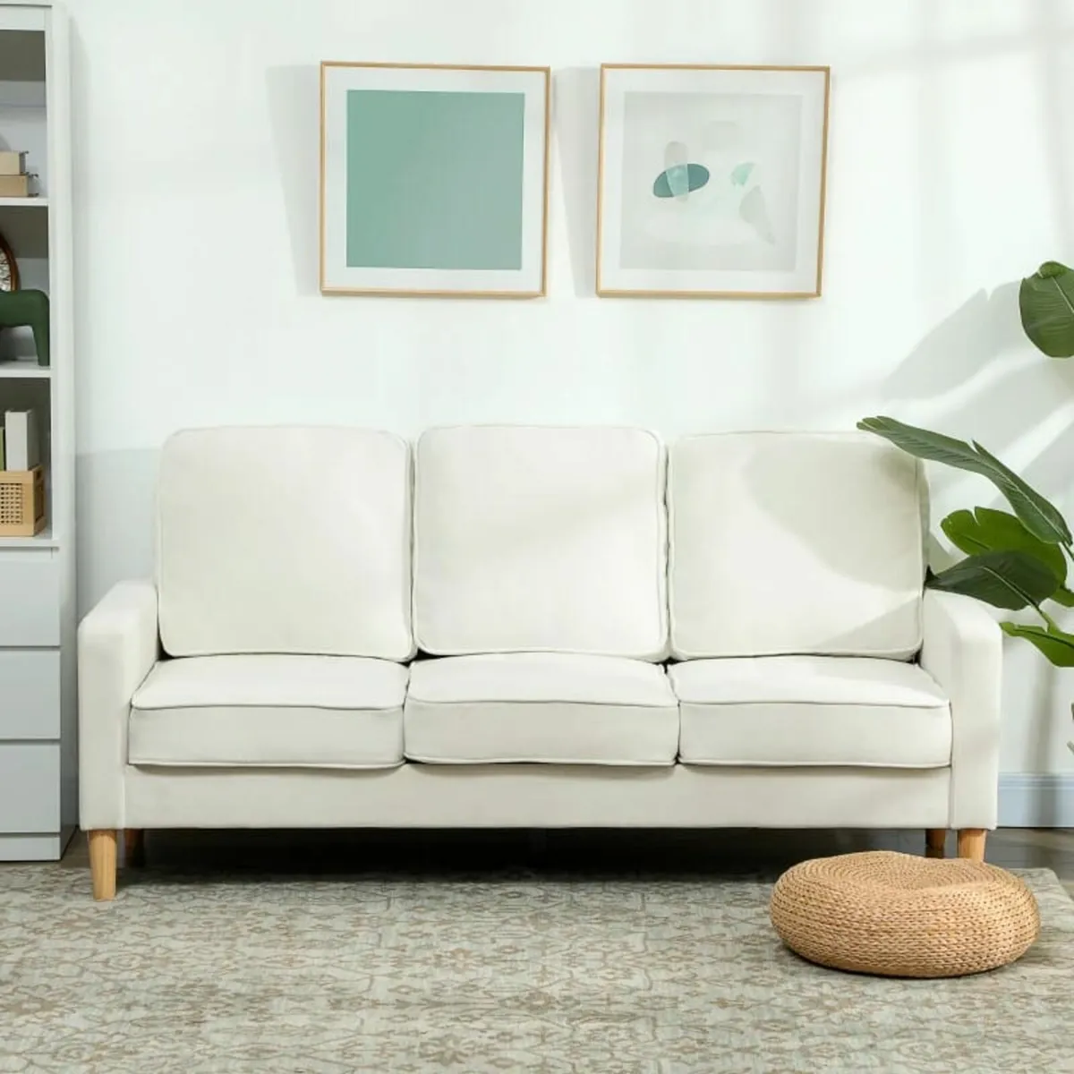 3-seater sofa with thick cushions, rubberwood, fab - Image 1