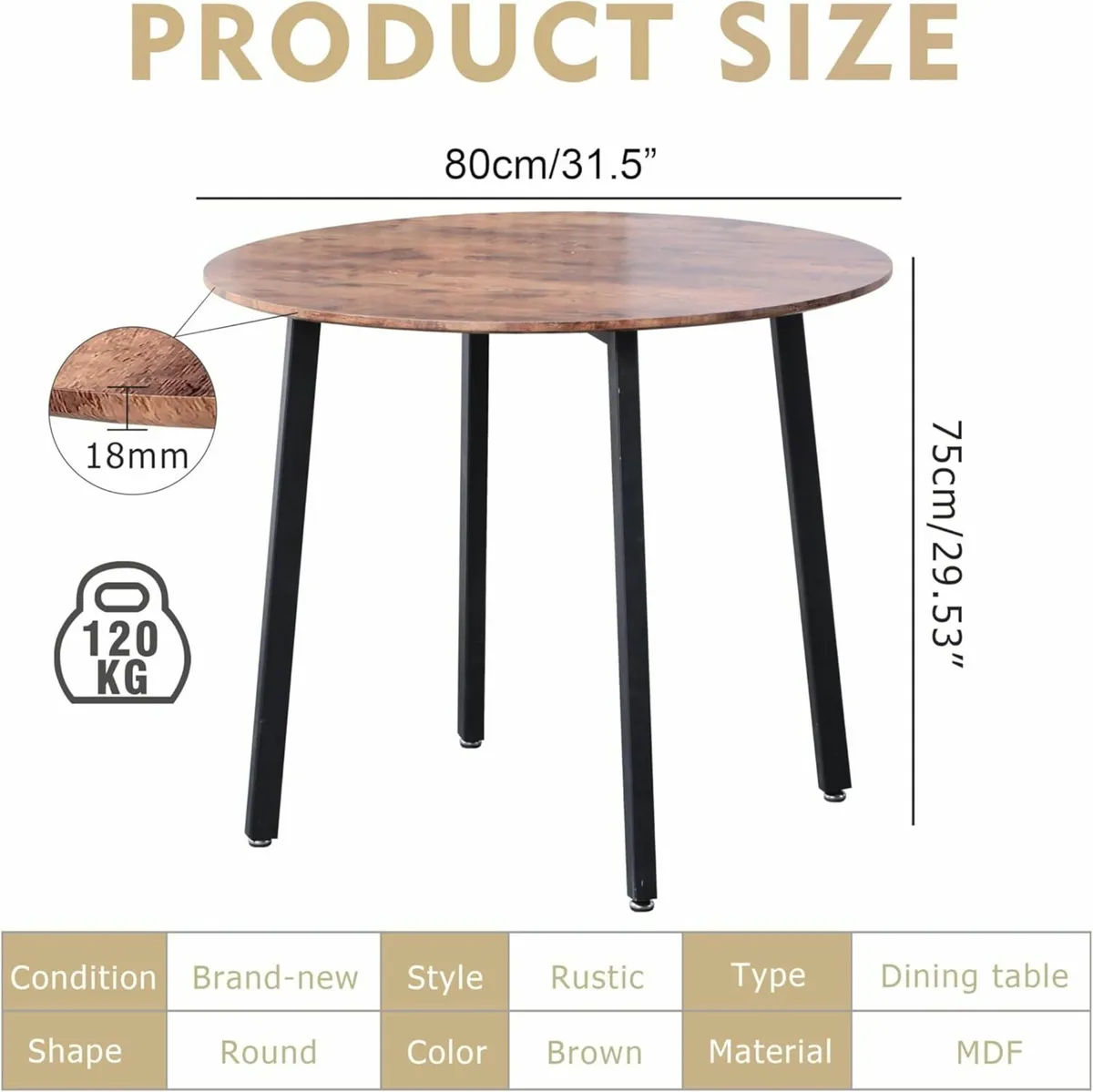 Round Dining Table 80cm Dining Room Office Patio - Image 3