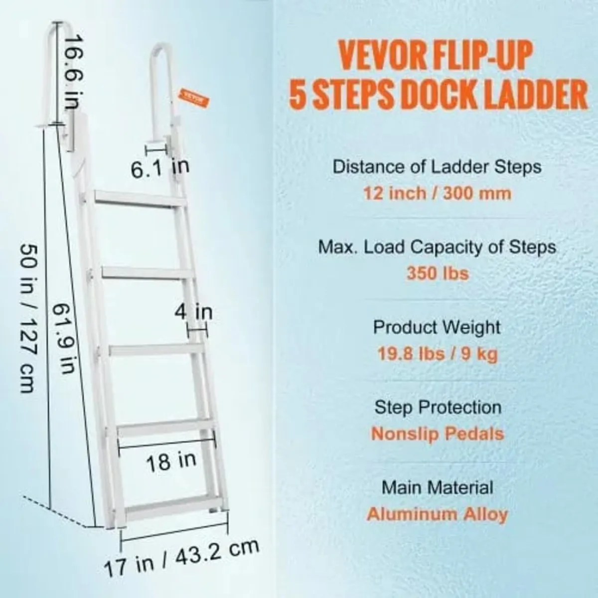 Ladder Flip Up 5 Steps, 350lbs Load Capacity, Alum - Image 3