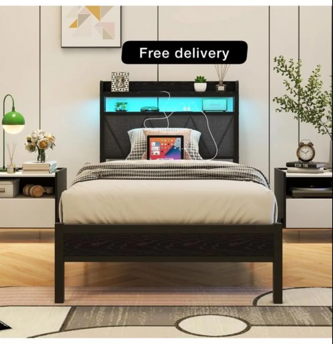 Single Bed Frame with LED Lights Storage Upholster