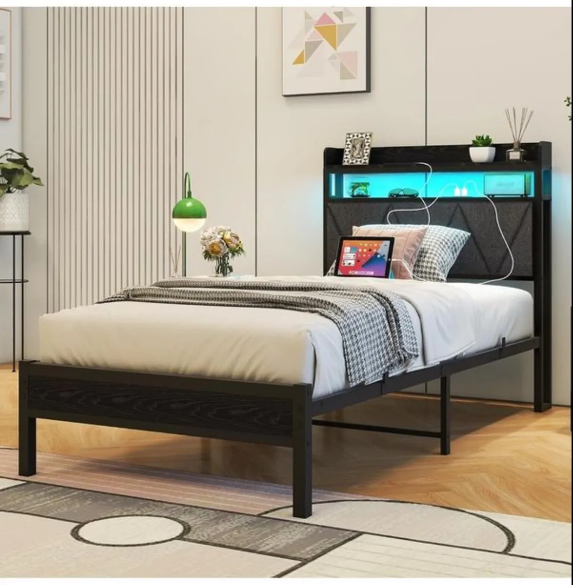 Single Bed Frame with LED Lights Storage Upholster