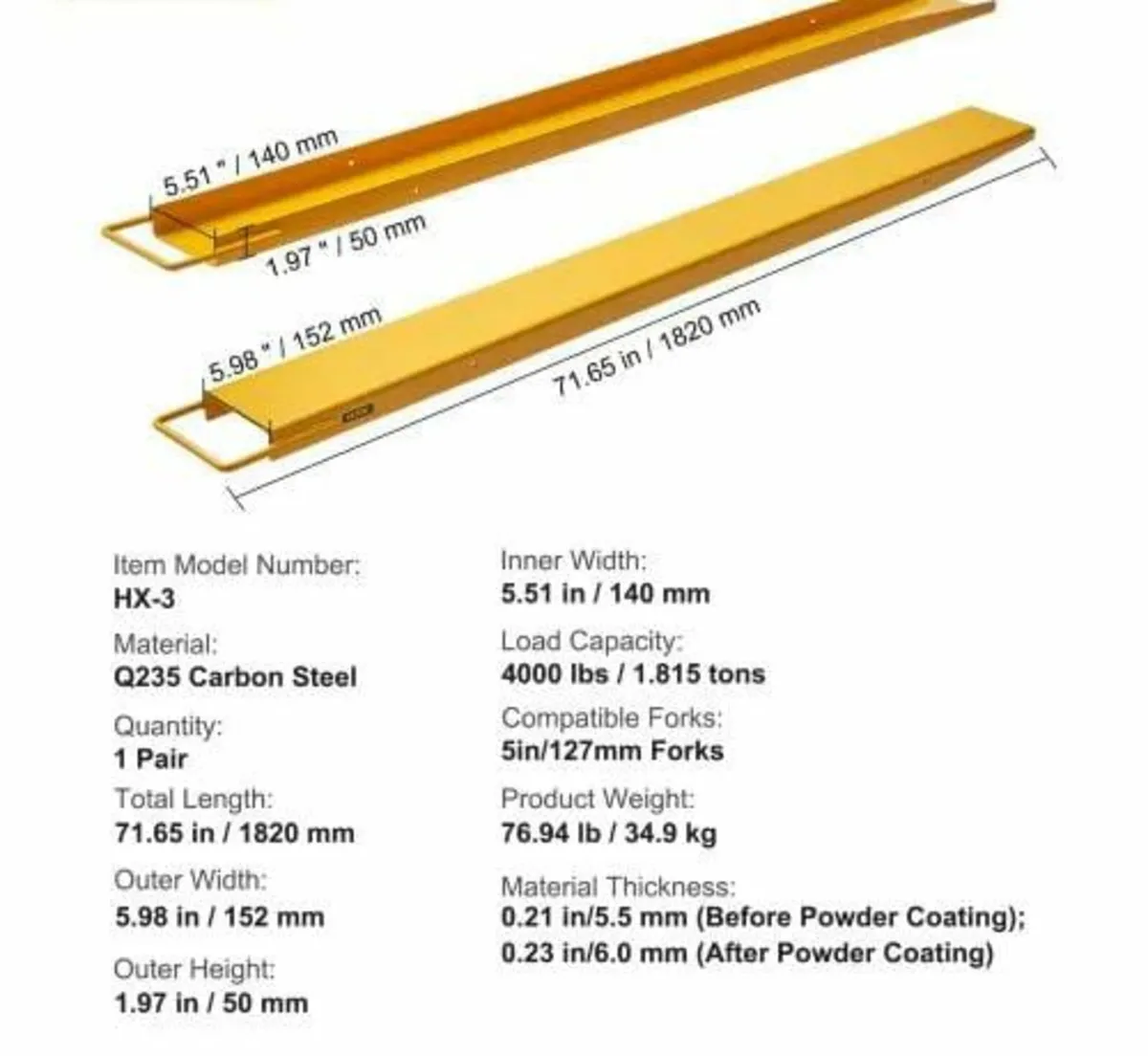 Fork Extensions, 72" Length 5.5" Width, Heavy Duty - Image 3