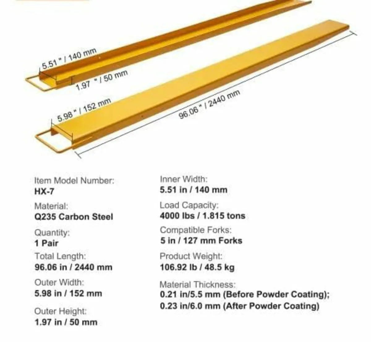 Fork Extensions, 96" Length 5.5" Width, Heavy Duty - Image 2