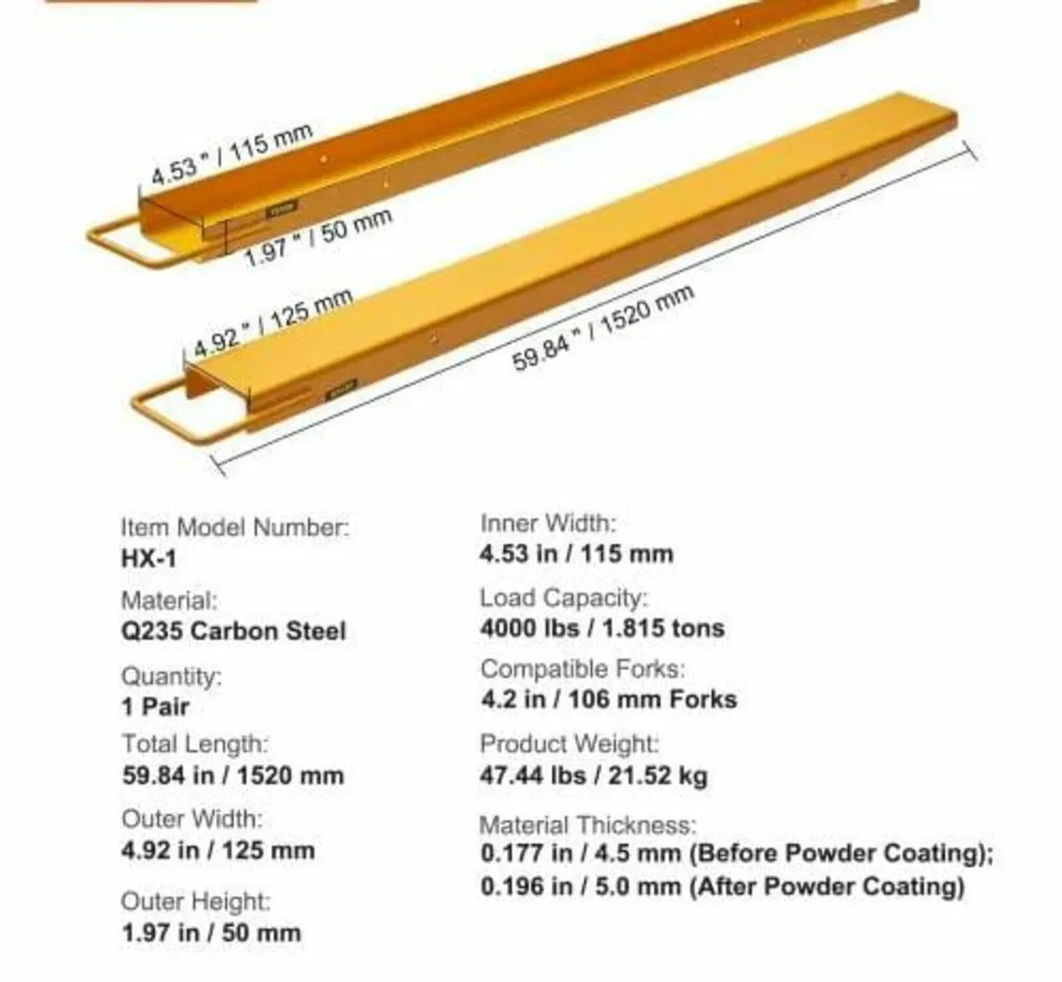 Pallet Fork Extensions, 60" Length 4.5" Width, Hea - Image 2
