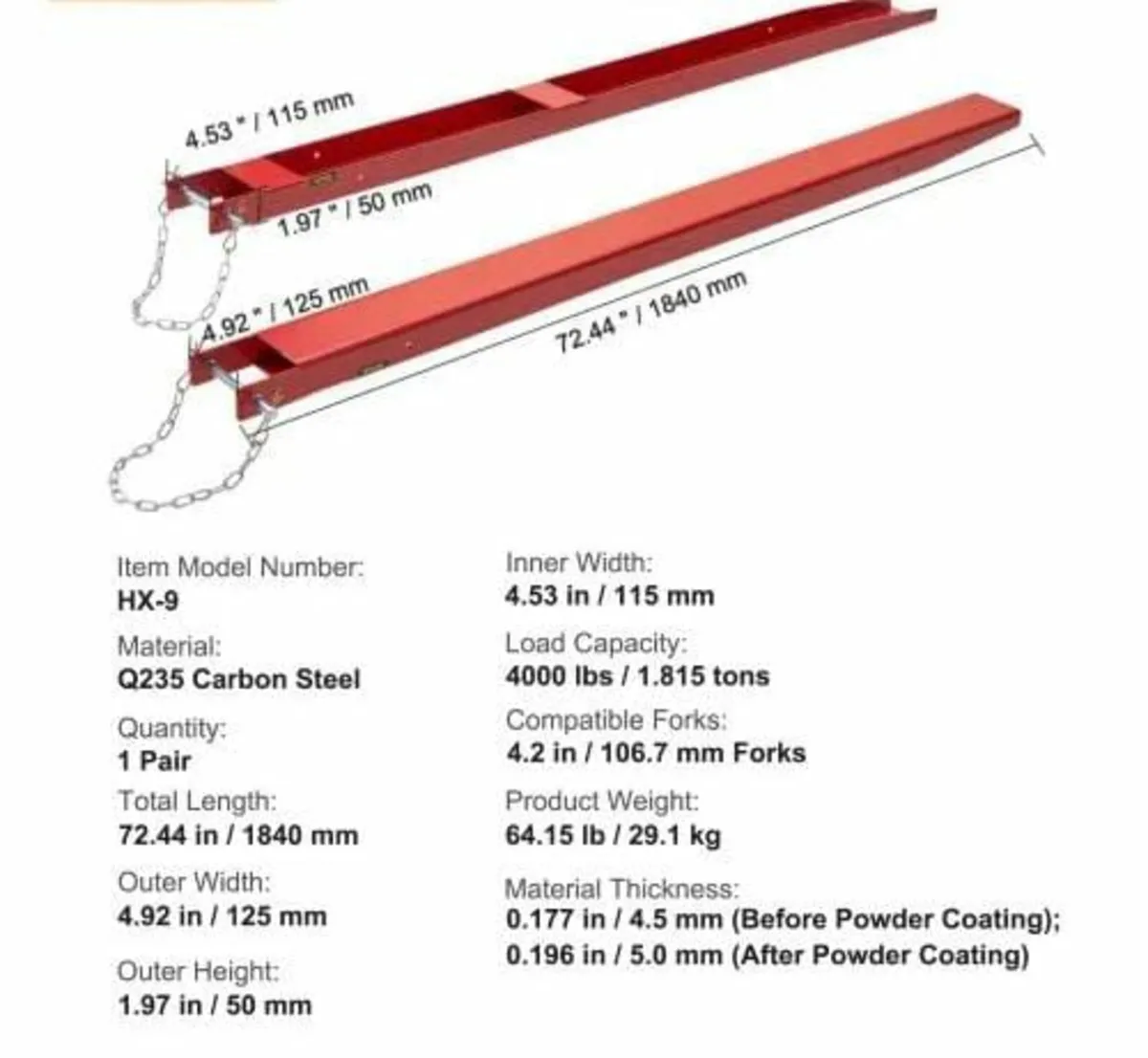 Pallet Fork Extensions, 1840 mm Length 115 mm Widt - Image 2