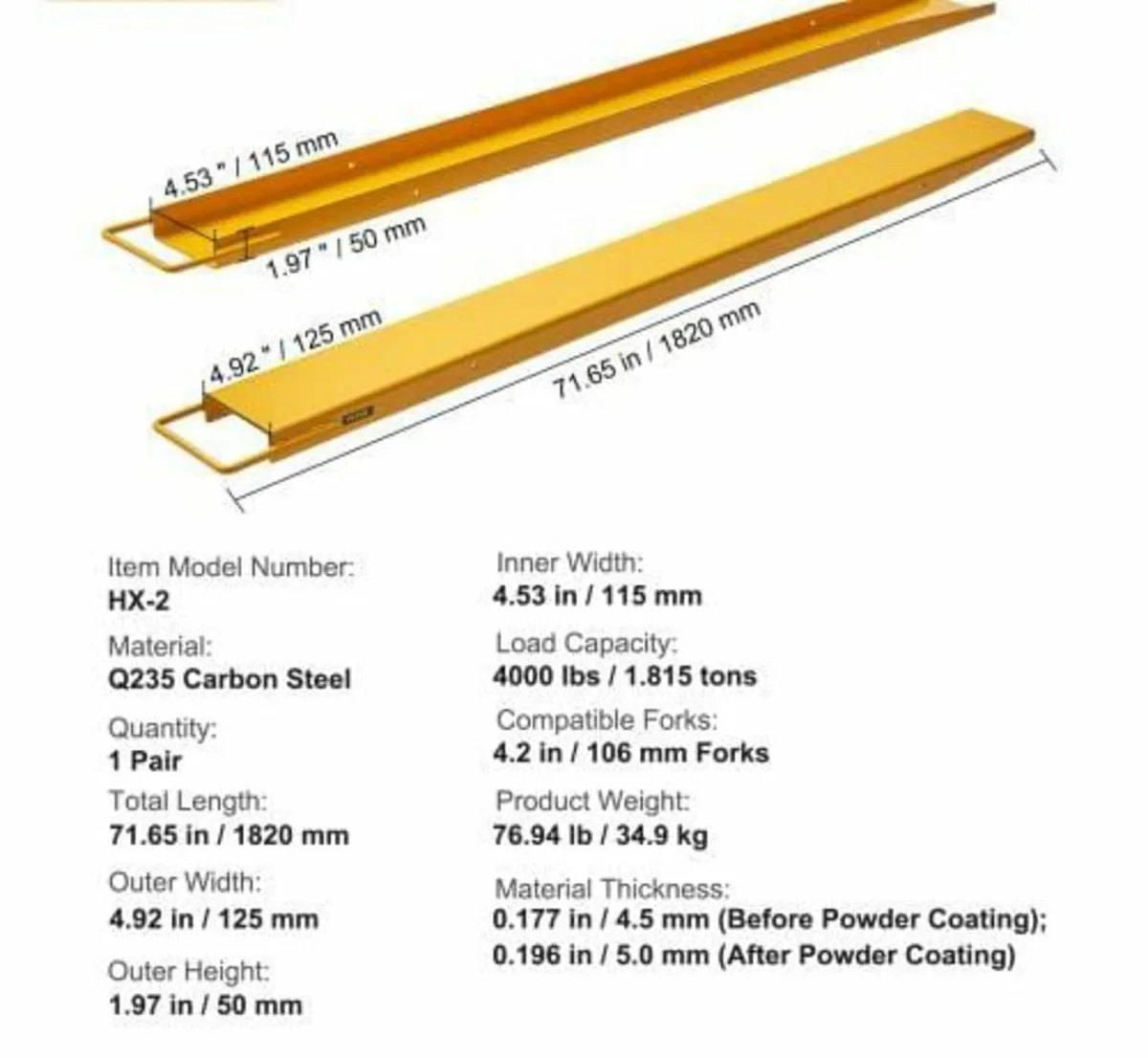 Fork Extensions, 1820 mm Length 115 mm Width, Heav - Image 2