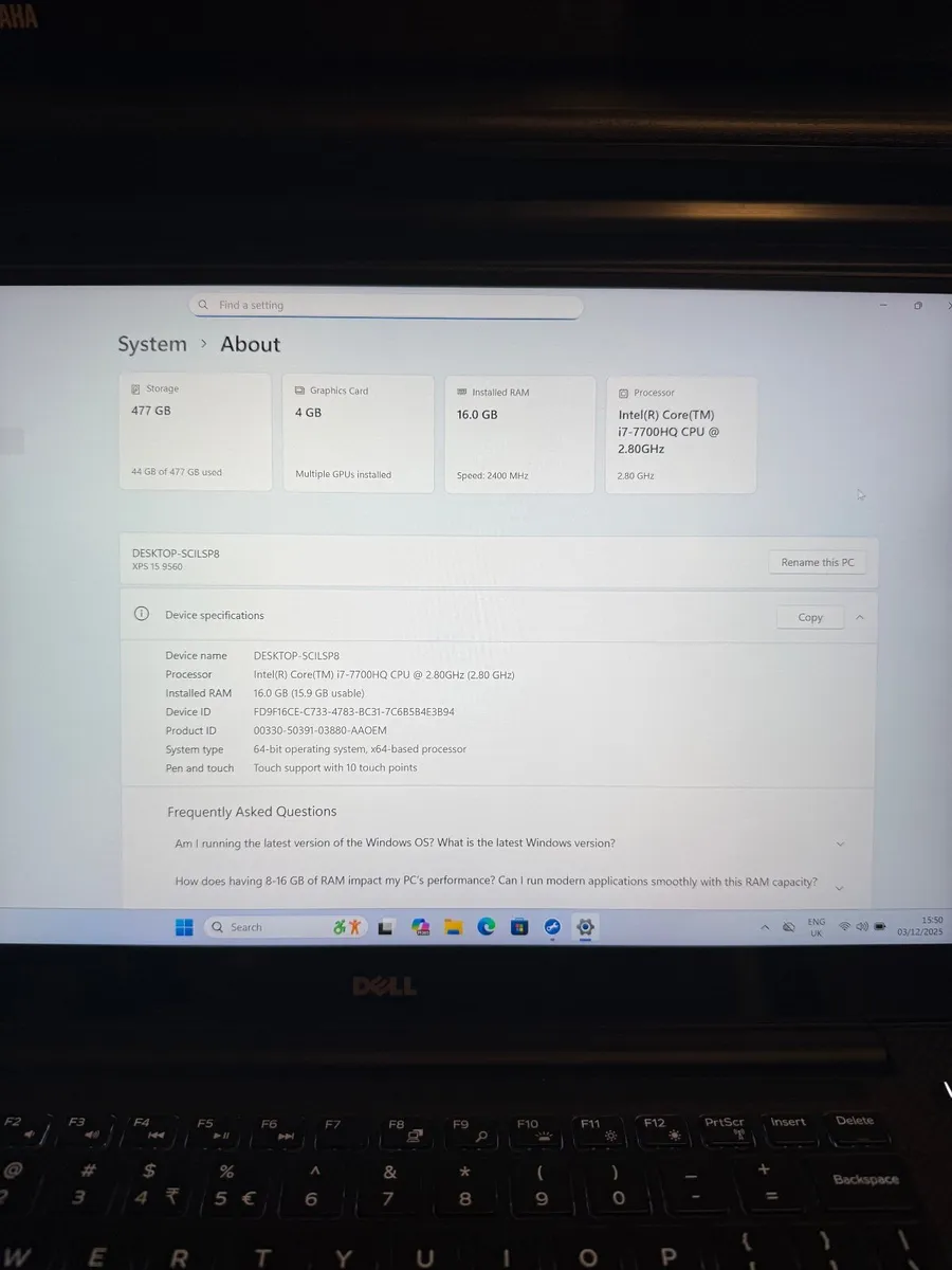 Dell XPS 9560 Laptop i7/16GB/512SSD/UHD4K/Nvidia - Image 3