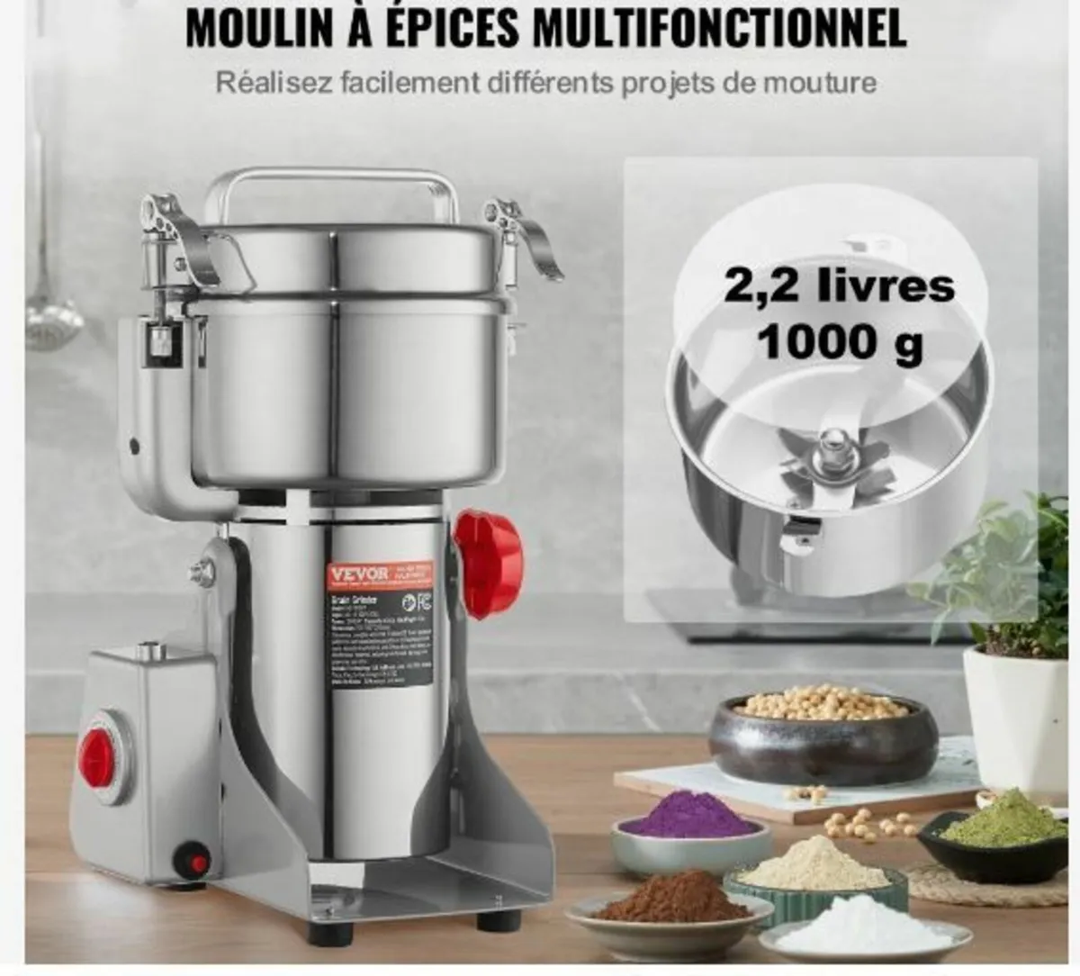 1000g Electric Grain Mill Grinder High Speed 3000W - Image 3
