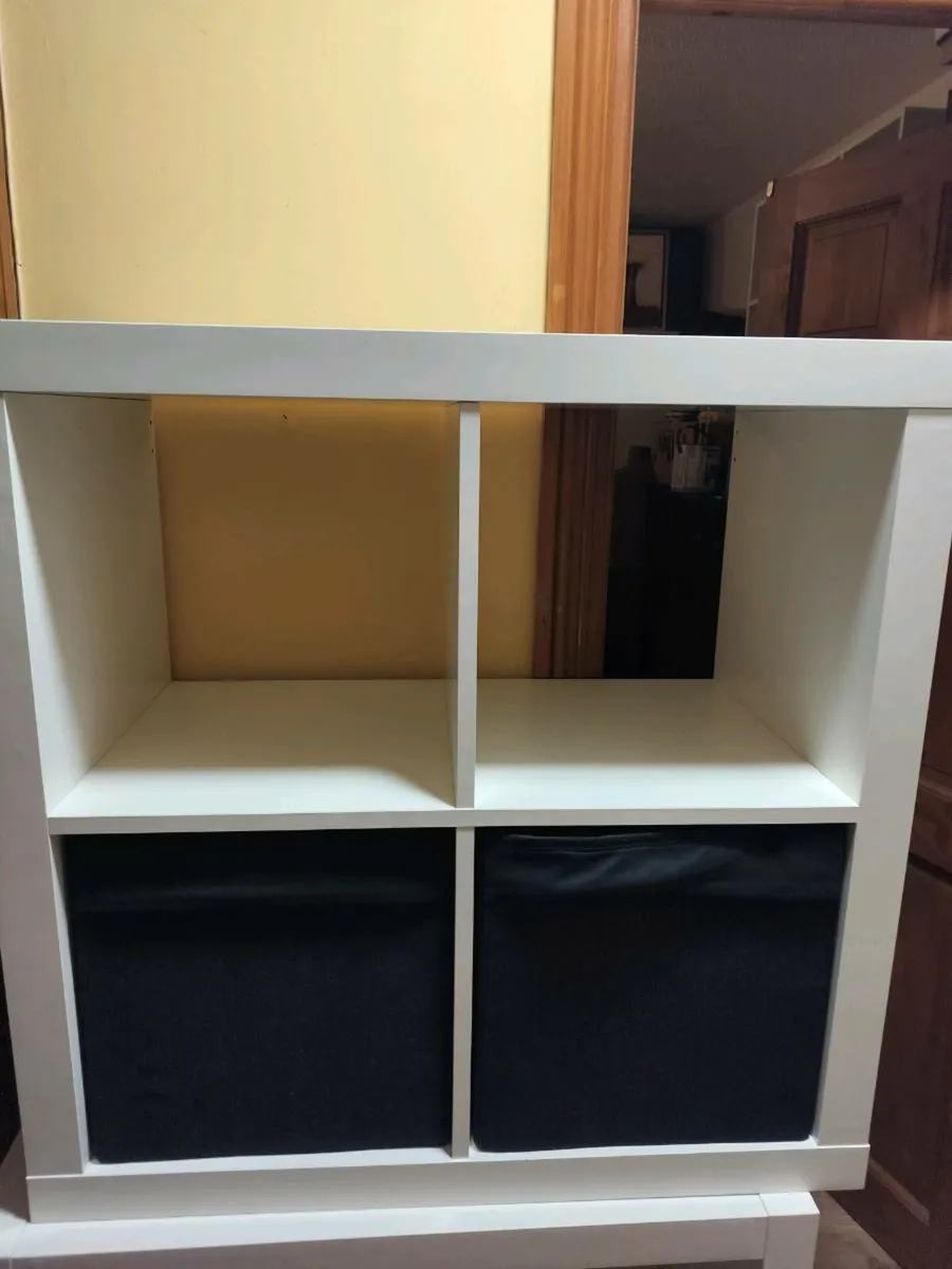 Bookcase Kallax white with 2 black storage boxes