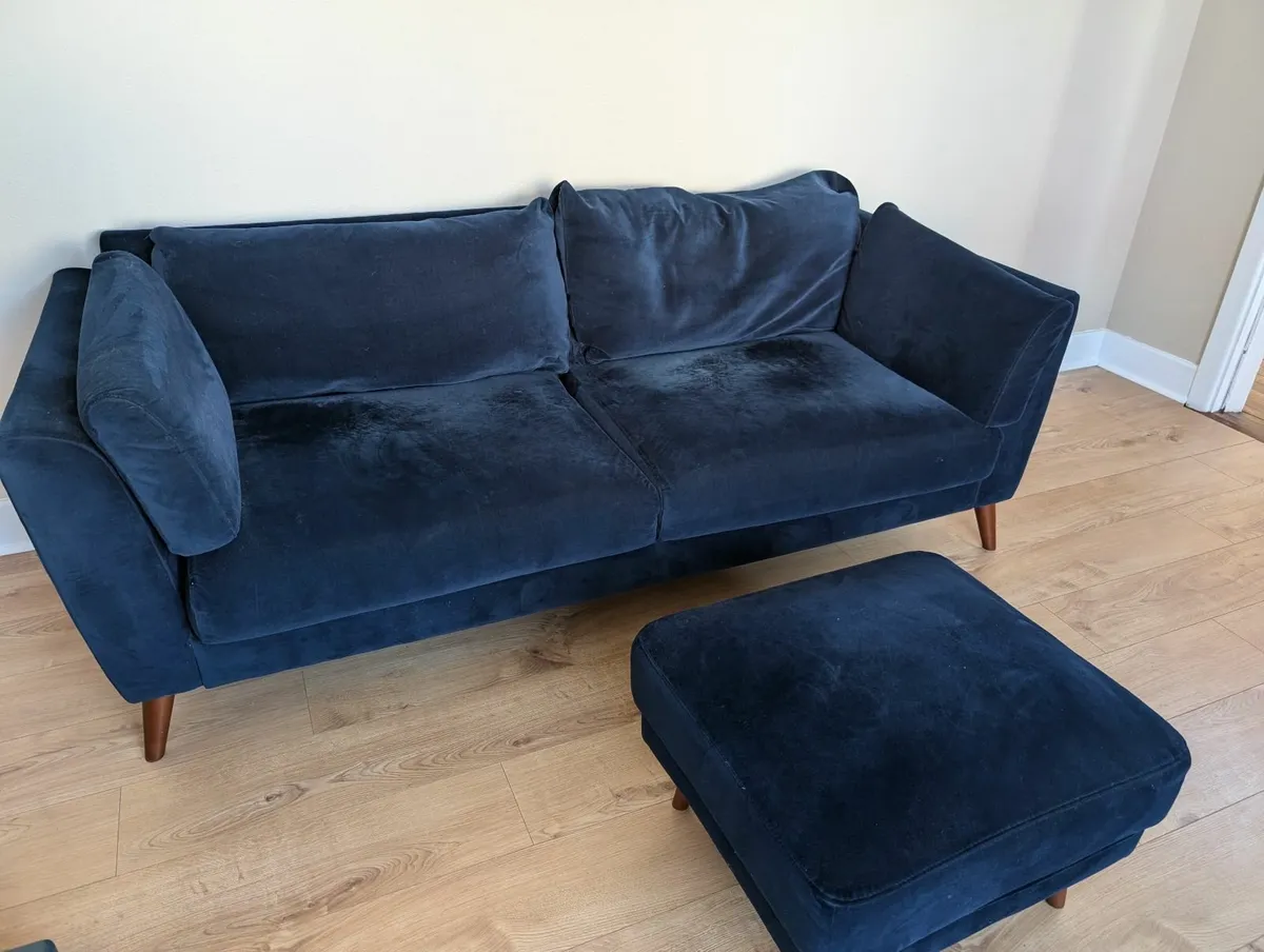 Blue velvet 3 seater sofa with footstool - Image 2