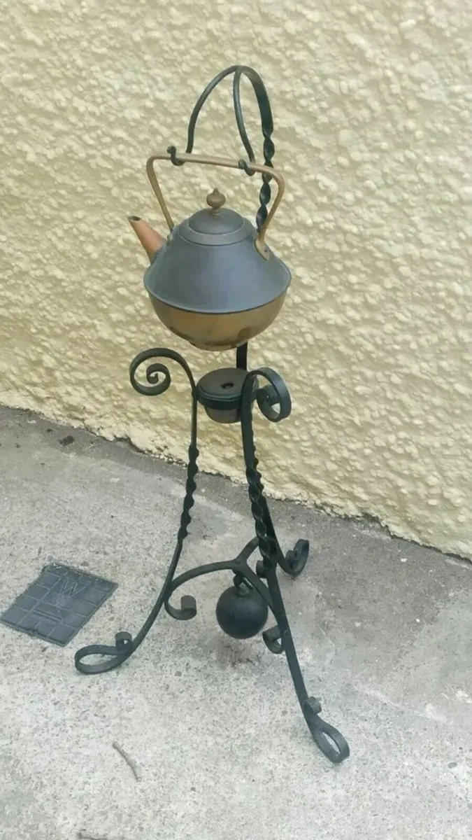 Antique Spirit kettle on metal tripod stand - Image 1