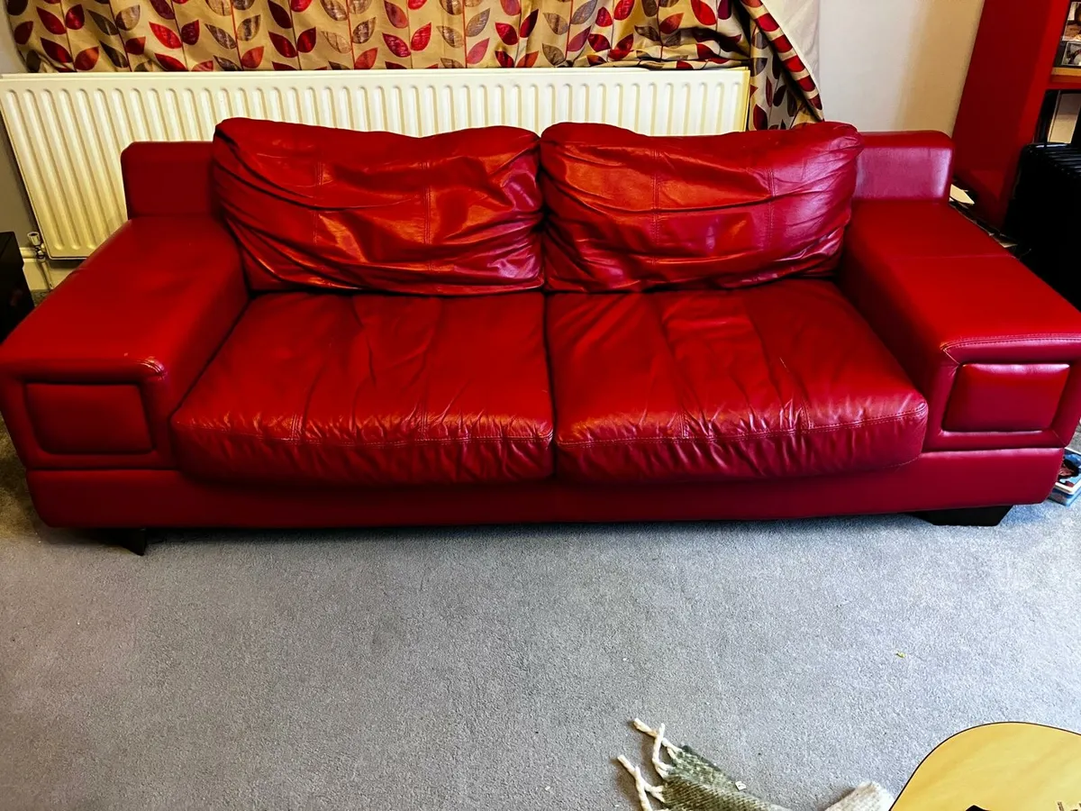 Red leather 2&3 seater sofa (DELIVERY) - Image 1