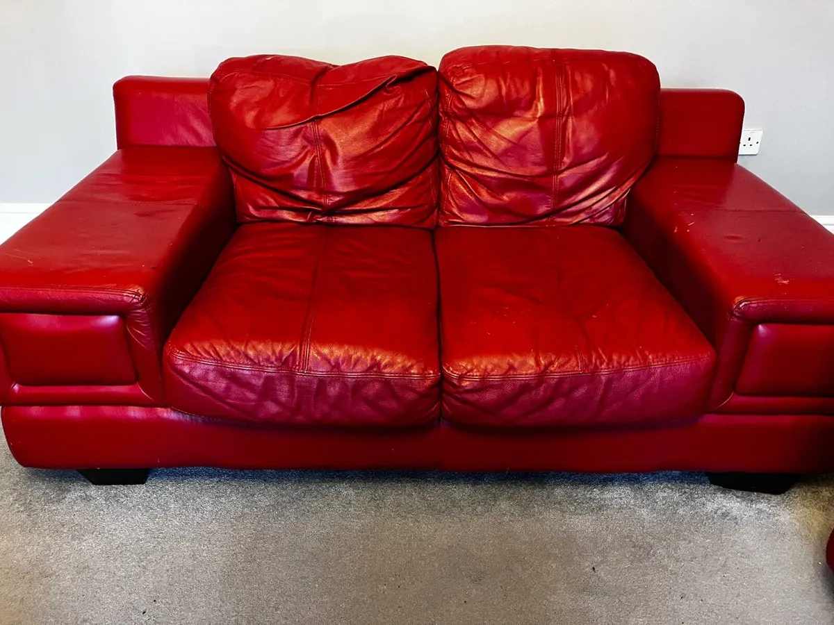 Red leather 2&3 seater sofa (DELIVERY) - Image 2