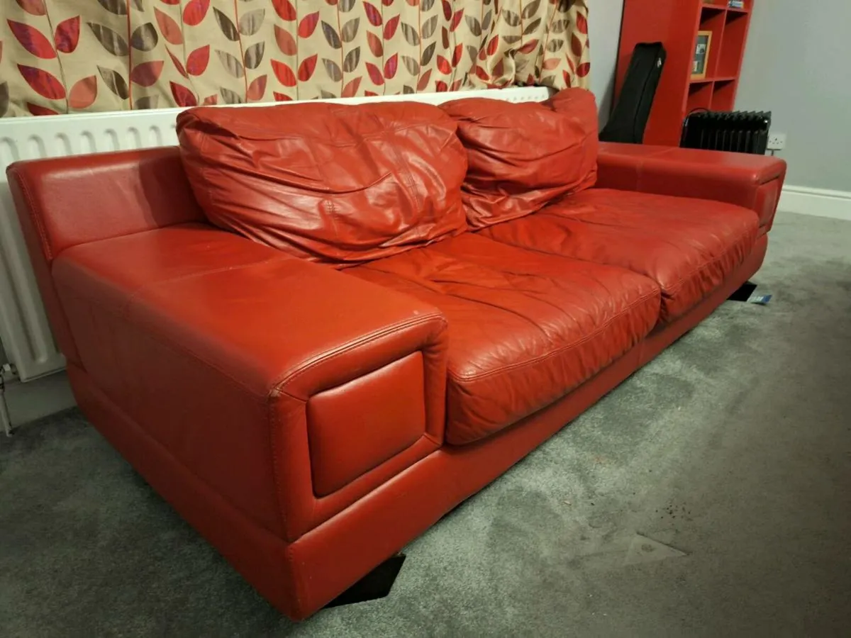 Red leather 2&3 seater sofa (DELIVERY) - Image 3