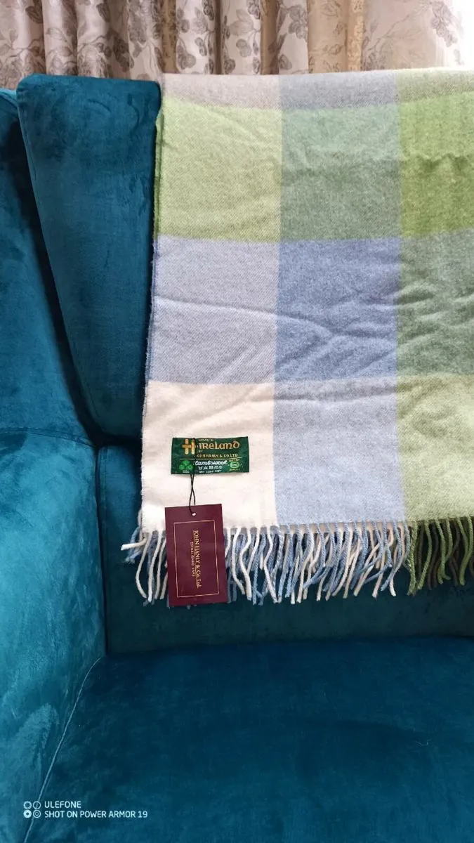 Lambswool Throw Cream Baby Blue and Green Block - Image 1