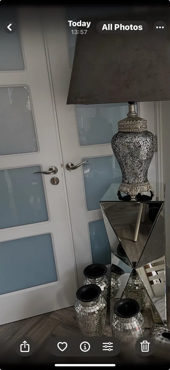 Mirror lamp stand lamp and 3 vases tissue box