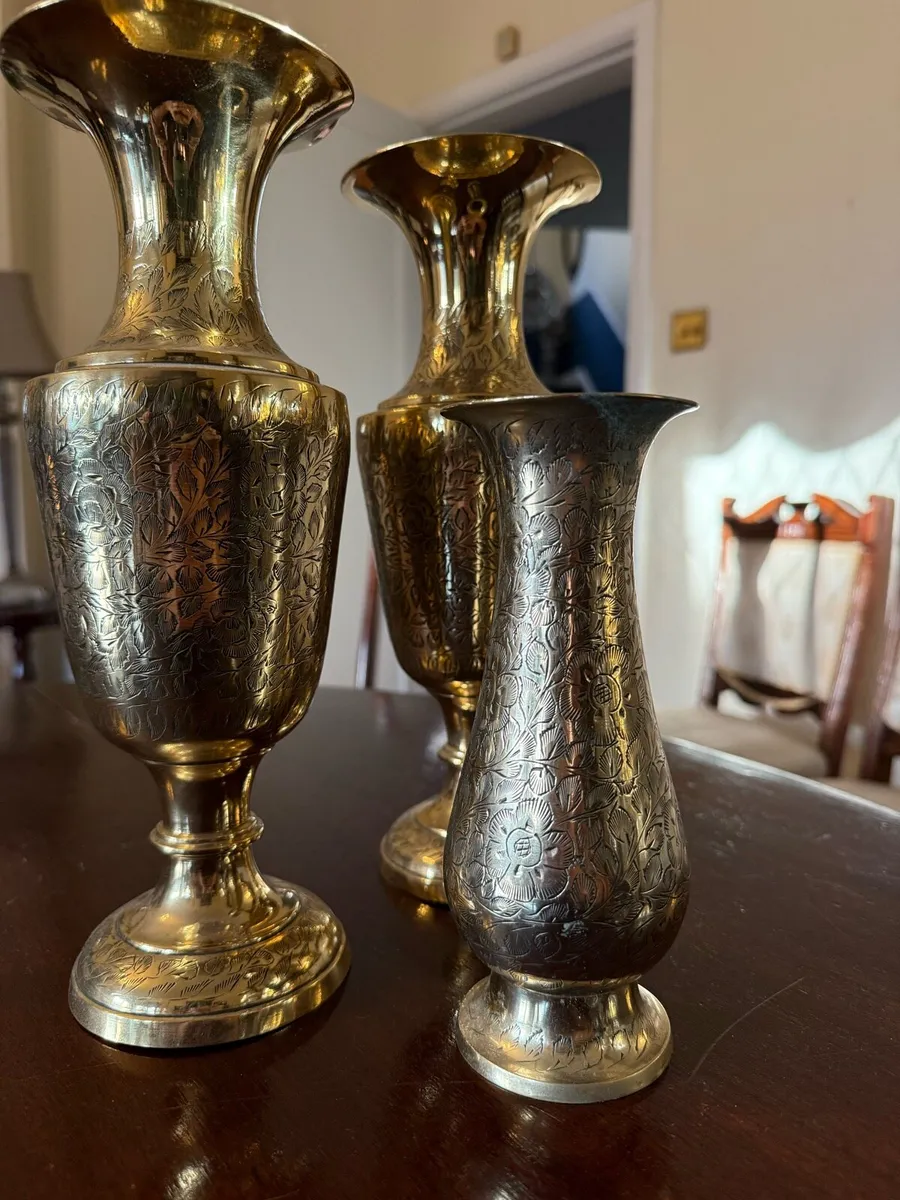 Hand-Engraved Indian Brass Vases (Set of 3) - Image 1