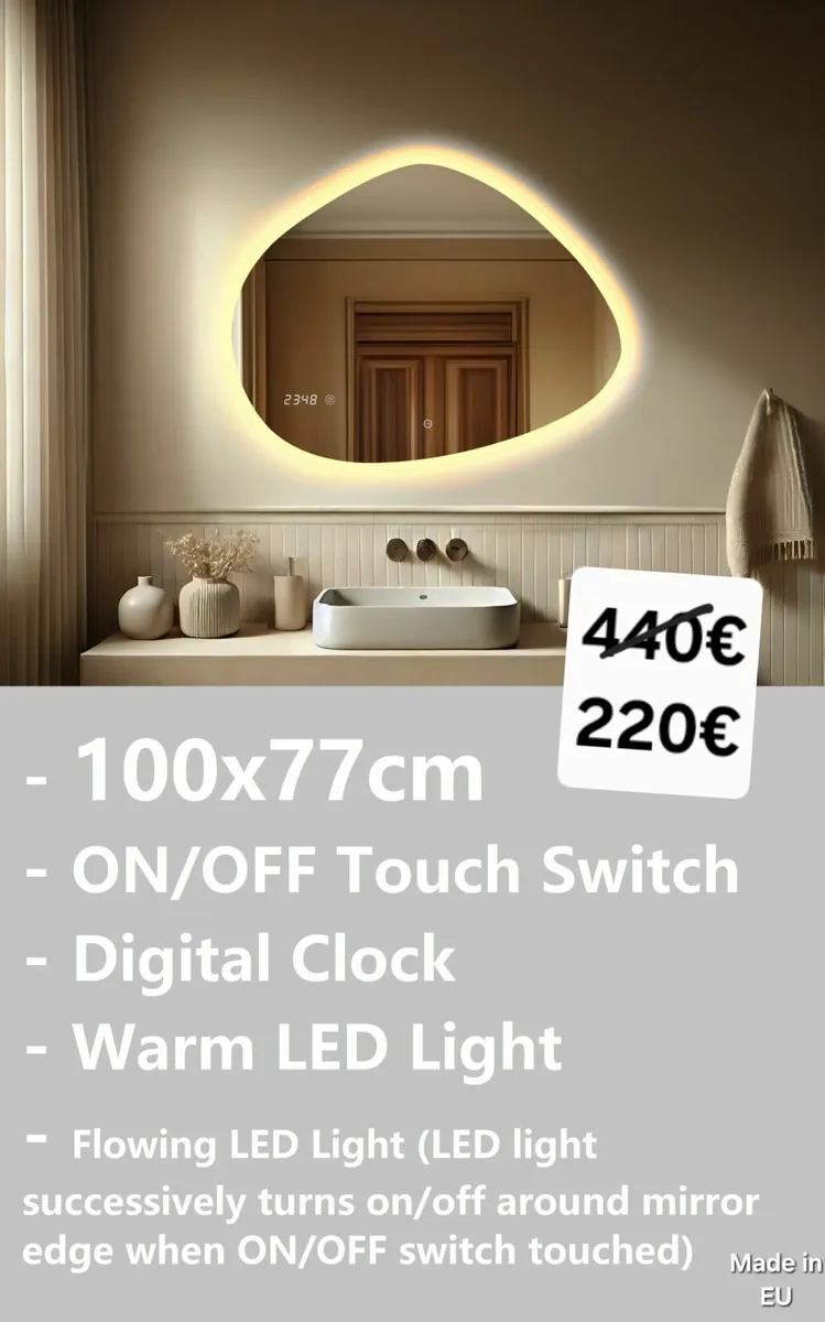 LED Bathroom Mirror Clock Time Makeup - Image 1