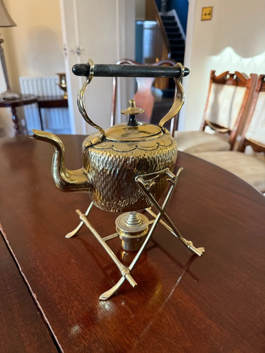 Vintage brass spirit kettle on stand - Image 1
