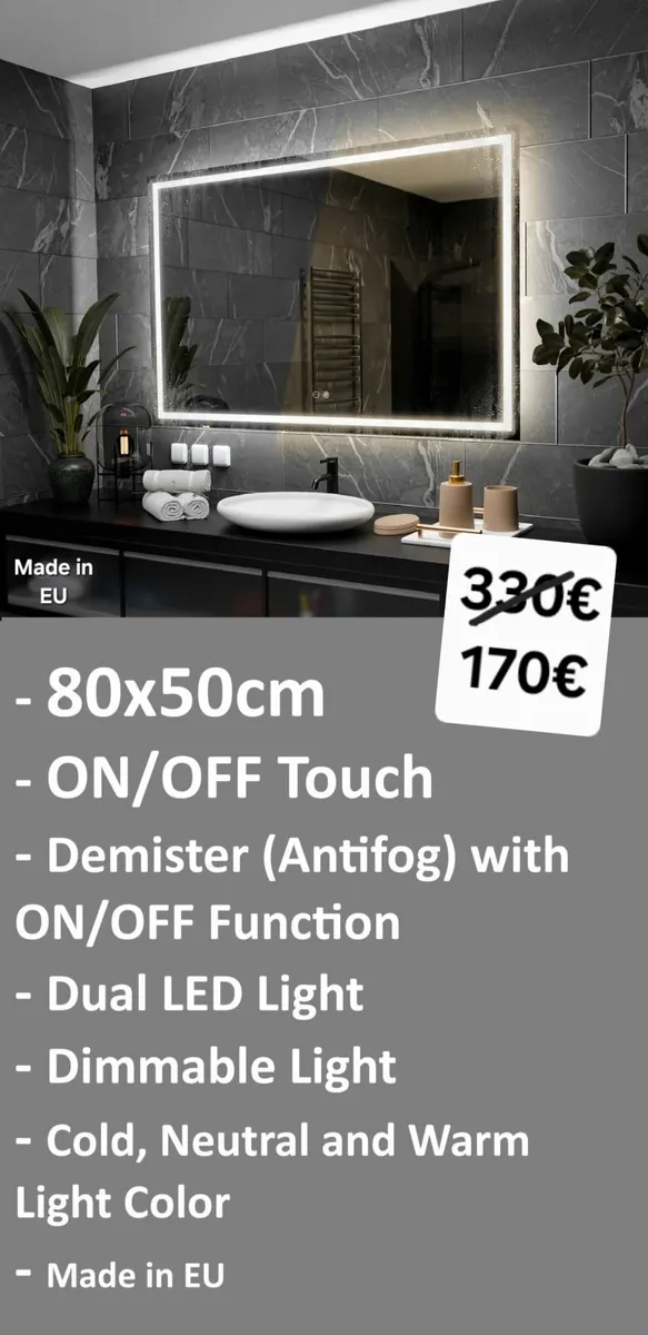 LED Bathroom Mirror 80cm Antifog Demister Dual LED - Image 1