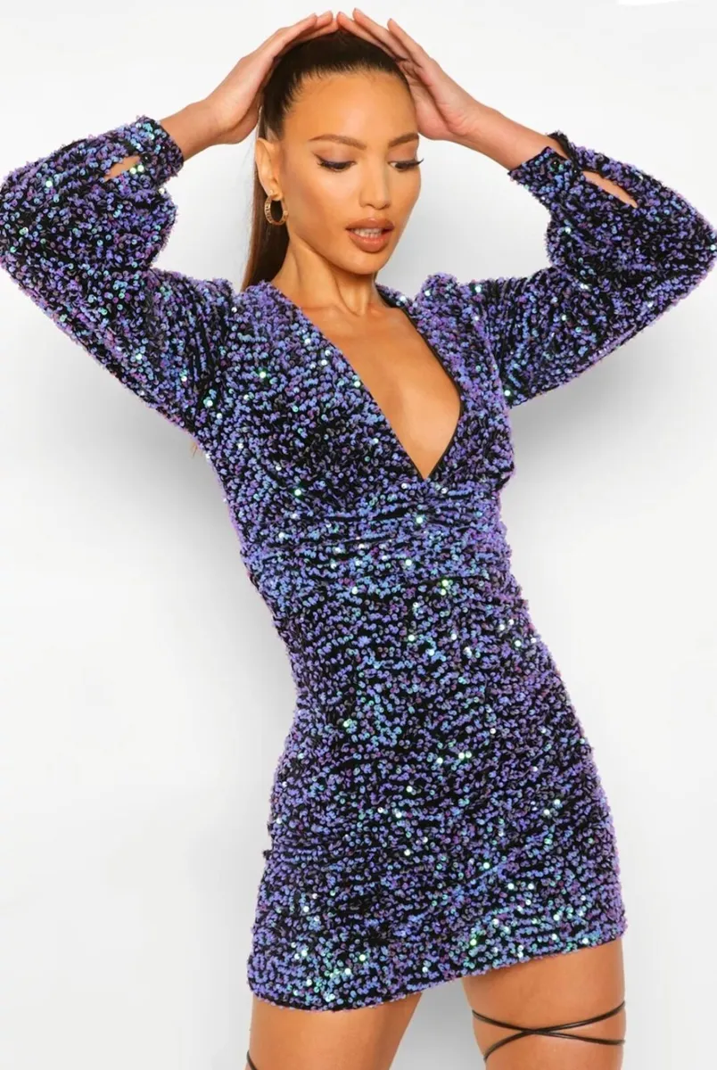 Tall Sequin Balloon Sleeve Plunge Mini Dress - Image 1
