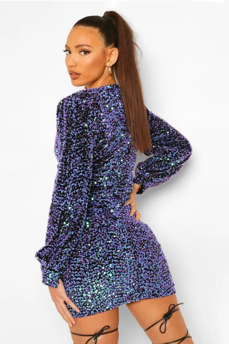 Tall Sequin Balloon Sleeve Plunge Mini Dress - Image 2