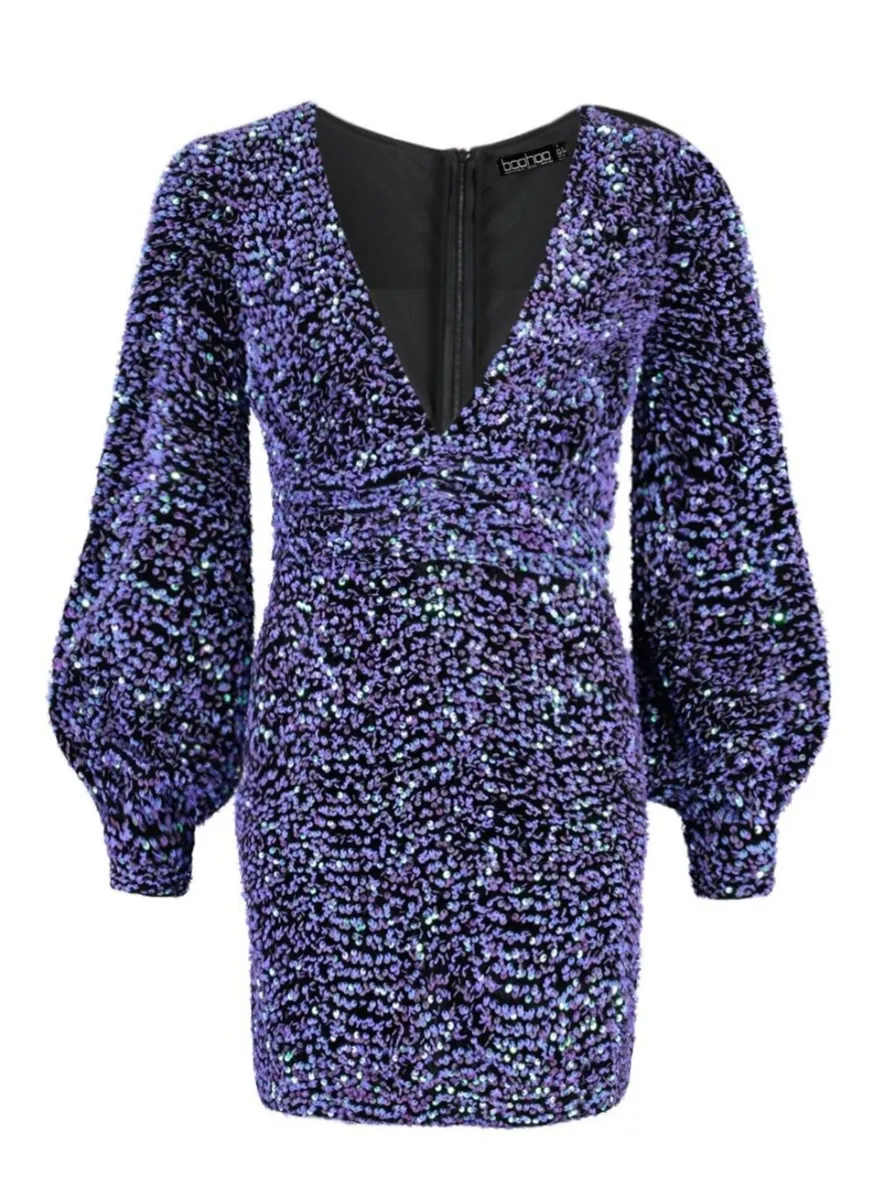 Tall Sequin Balloon Sleeve Plunge Mini Dress - Image 3